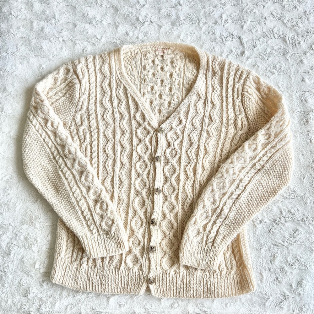 Vintage Cable Knit Cardigan Sweater Womens Large Cream Wool 90s 80s Fisherman